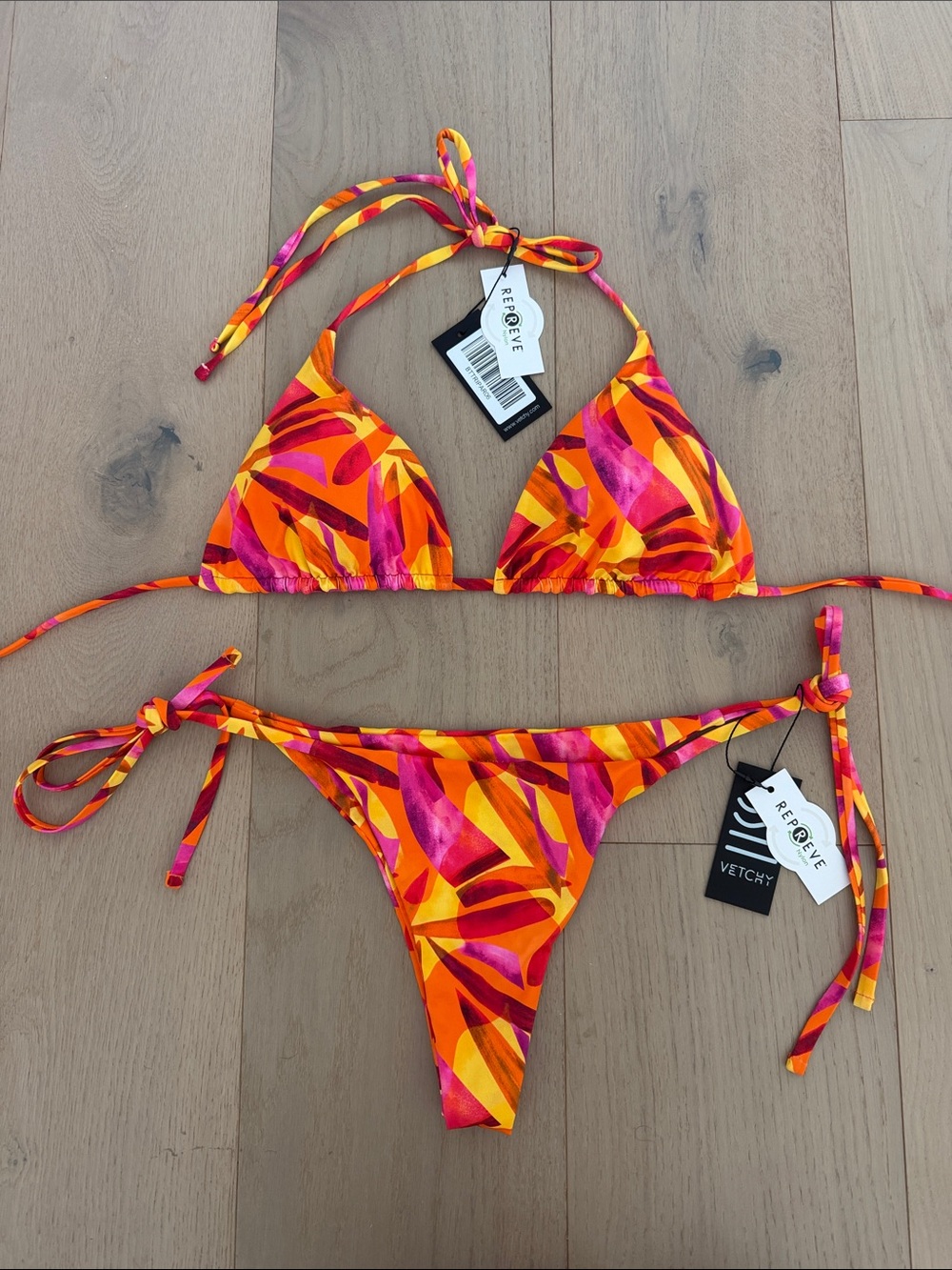 Vetchy Orange & Pink Tropical Tie Bikini Set XL top, M bottoms